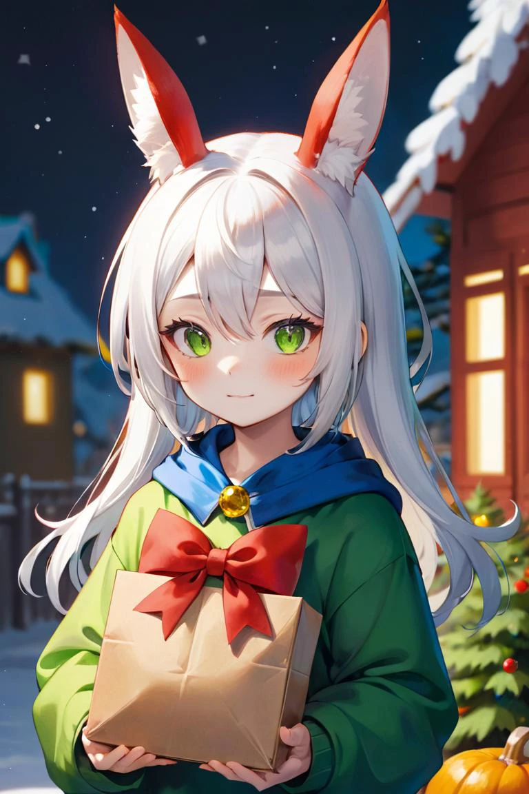 cat girl,red bow,blue brooch,pizza box,yellow bowtie,green hoodie,holly,trick or treat,christmas tree,cat hat,holding sack,bunny earrings,release date,white necktie,pom pom earrings,setsubun,reindeer hood,<lora:AI_Overlord_Santas_-_The_Green_Team_LoRA:1>,greenteam,