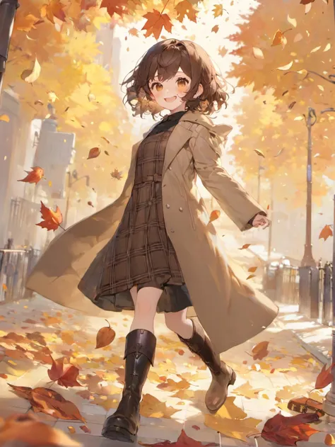 face focus, dynamic angle, masterpiece, best quality, solo, 1girl, looking at viewer, solo, brown hair, outdoors, brown eyes, falling autumn leaves, plaid brown dress, medium hair, black boots, white coat, pixiv, depth of field, smile