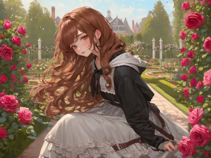 (best aesthetic,,best quality, masterpiece), 1girl,  chestnut hair, long hair, wavy hair,   bangs,   hoodie long skirt garter straps ,  victorian rose garden