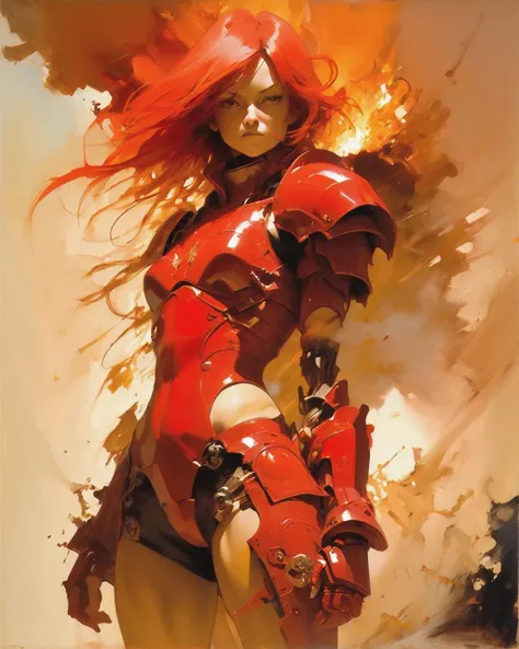 1 female
detailed face
battle stance,
red armor
shadows
dramatic lighting
ruins,
smokes
explosions
(best quality, masterpiece, oil painting by Ashley Wood )
