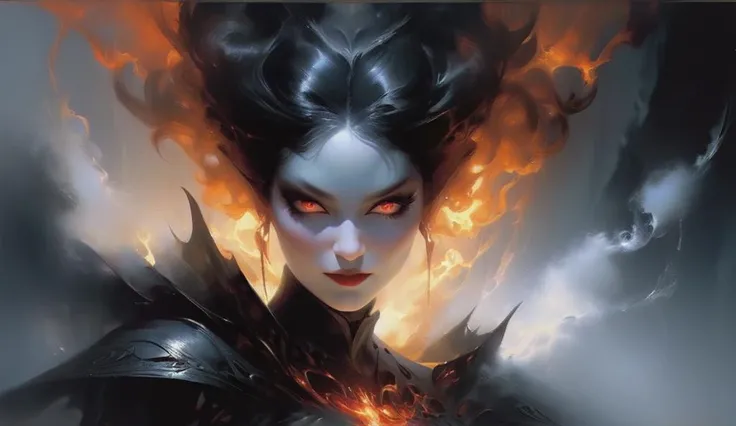 portrait a lying demon female made of wisps of smoke ready to tear into your soul, painting by Mark Brooks and John Berkey, high contrast dynamic lighting, fantasy, eyes of flame, intricate detail, sharp focus, masterpiece, anatomical details, full body shot, 8k