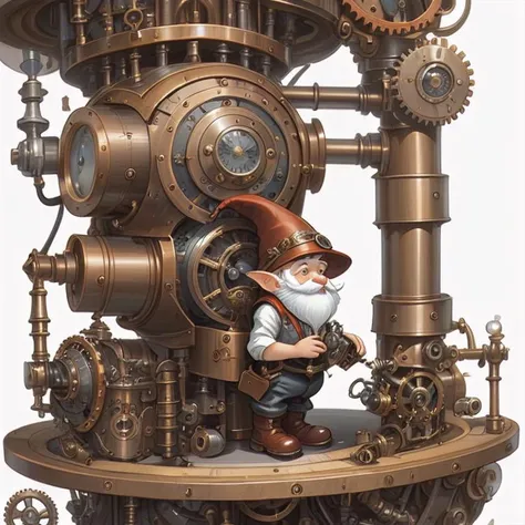 3. A tiny gnome tinkerer inside the intricate clockwork of a towering steampunk robot. Detailed macro perspective capturing the small mechanic at work.