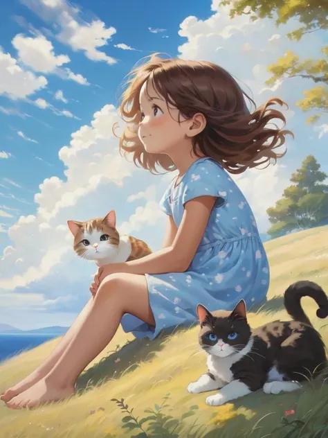 little girl sitting on the hill looking at sky, with her hair blowing in clear day, with cat, (blue sky:1.25), sideway glance, young girl, cloud, endless sea, noon, summer, floating hair, cumulus clouds, forest, tree, face focus, cute
