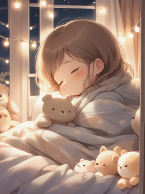 cute little girl sleeping comfortably on a bed, covered with a blanket, stuffed animal, string lights on the wall, window, cozy and comforting atmosphere, nighttime, wonder, pixiv,