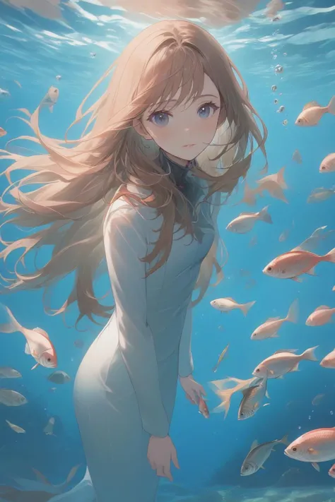 (masterpiece, best quality, highres, anime), (1girl, long hair, looking at viewer, blush, underwater, fish, ocean),