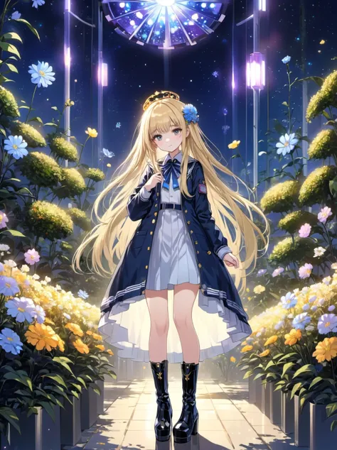 1girl, blond hair, long hair, straight hair, french hair, parted bangs bangs, serafuku tiara high heel boots, sci-fi flower garden evening,