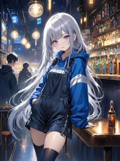 1girl, silver hair, very long hair, center parted bangs bangs, hooded sweatshirt blue dungarees garter straps loafers, sci-fi in bar midnight,