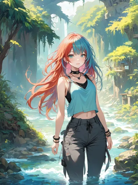 1girl, multicolored hair, long hair, messy hair, bangs, tank top cropped pants choker , fantasy rivers daytime,