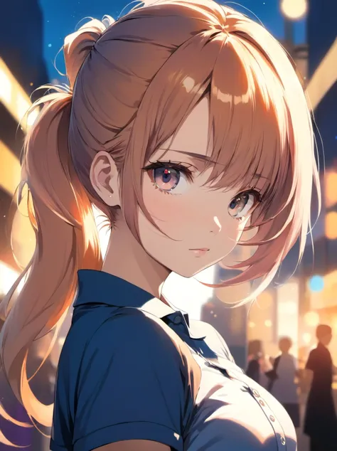 1girl, face focus, bokeh photography, looking at viewer, Anime style, BREAK
polo shirt , two-tone hair color , medium hair , split ponytail