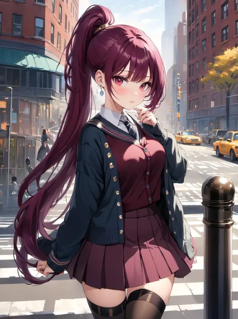 1girl, maroon hair, very long hair, ponytail hair, bangs, jeweled school uniform cardigan skirt thigh high , classical New York city daytime,