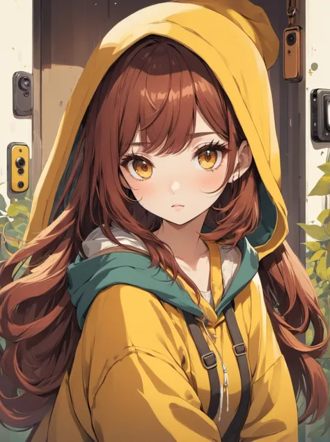 1girl,, viewfinder, looking to the side, Create a bohemian-style image, with eclectic patterns, earthy colors, and a sense of free-spiritedness and individuality., thief, hazel, mahogany, medium, tri tails hair,, center parted bangs, cute, yellow, hooded sweatshirt, cropped pants, on screen of smartphone camera app frame, big, boob