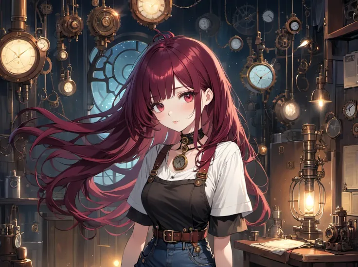 1girl, maroon hair, very long hair, flipped hair, bangs, t-shirt jeans choker , steampunk home economics room nighttime,