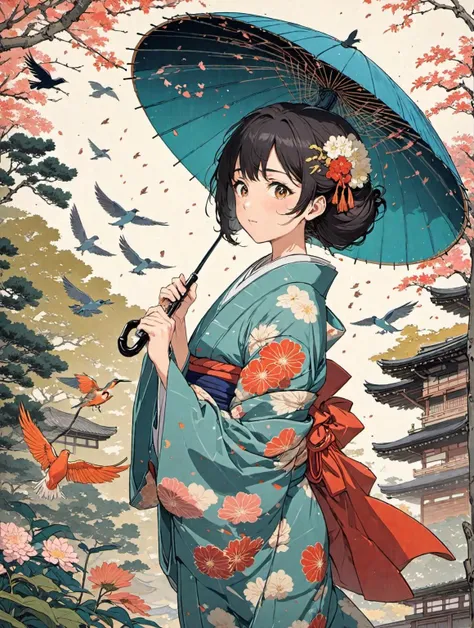 a woman in a kimono holding an umbrella in a garden with birds flying around her and a bird flying above her, ukiyo-e, anime art, a detailed painting, Aguri Uchida,