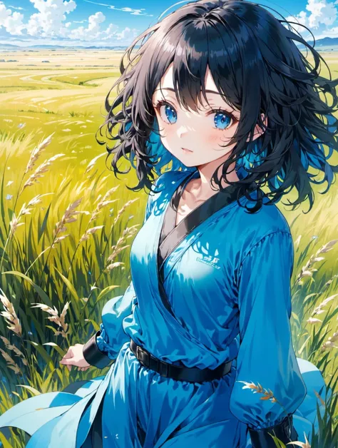 1girl, solo, blue, jet, medium, curly hair, hair, grasslands