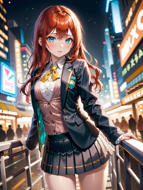 1girl, redhead hair, long hair, wavy hair, hair between eyes bangs, exotic blazer very short pleated miniskirt garter straps , gaming cityspace nighttime, fisheye lens