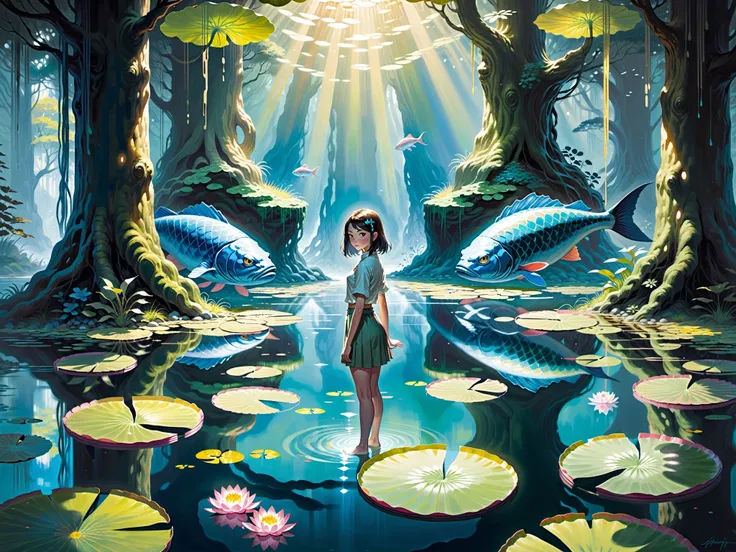 Wide oil painting of a girl looking directly at the viewer, amidst a setting where gigantic water lilies float on a mystical lake with glowing fish.
