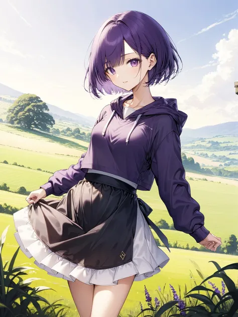 1girl, purple hair, very short hair, hooded sweatshirt waist apron loafers, decadent countryside daytime,