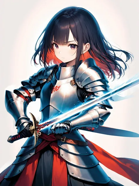 1girl,  Illustrate a courageous knight, clad in armor, wielding a sword, and showcasing their bravery and chivalry.