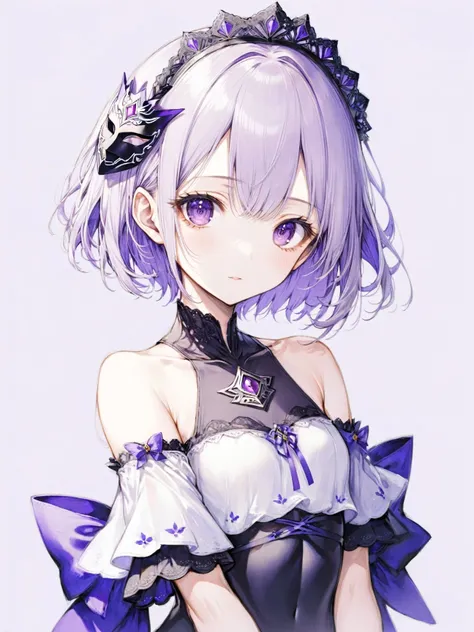 1girl, lavender background, upper body, purple eyes, jitome, short hair, half updo, pointy hair, small breasts, thigh gap, headdress, off-shoulder dress, mask