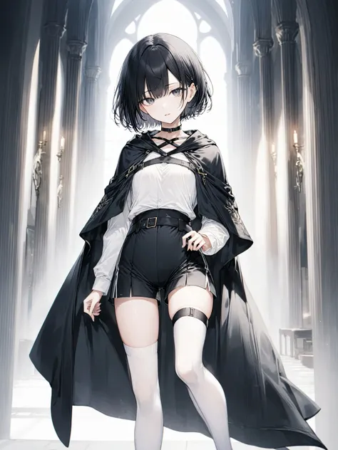1girl,black short bob hair, black cloak de cour, black shorts, white long socks, white shirt, chest harness,