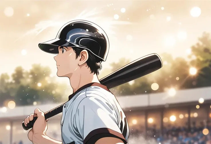 master piece,best quality,1boy,solo,solo focus,baseball uniform,white pants,pants,baseball helmet,black hair,outdoor,belt,baseball bat,(bat flip:1.6),sketch,baseball studium,soaring dust,((head shot)),profile,(bokeh:1.3),(look up:1.2),looking into the distance,nothing in hand,baseball bat flying in the air,(spread hand),from side,dynamic angle,daylight,throw the bat at viewer,(extend arm and open hand:1.5),<lora:Adachi_XL:0.8>,motion lines,burr,shallow (depth of field:1.3),