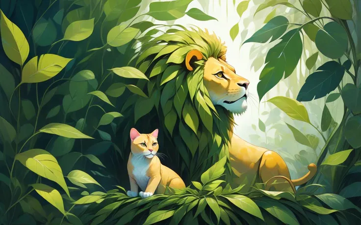 (expressionist abstract artwork of a cat and a lion (made from leaves), intricate plant leaves, natural:1.85), hdr, highly detailed masterpiece, shades of green, rule of thirds, golden ratio, fine brush strokes, paint structure