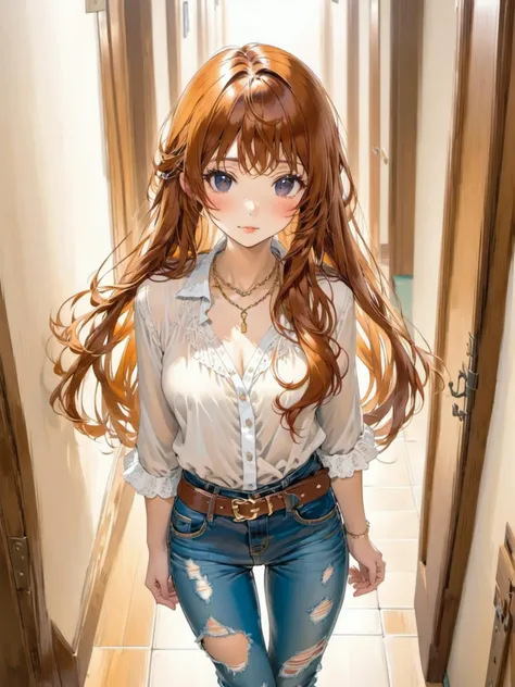 1girl, caramel hair, very long hair, bangs, pretty blouse jeans chain belt , classical connecting corridor daytime,
