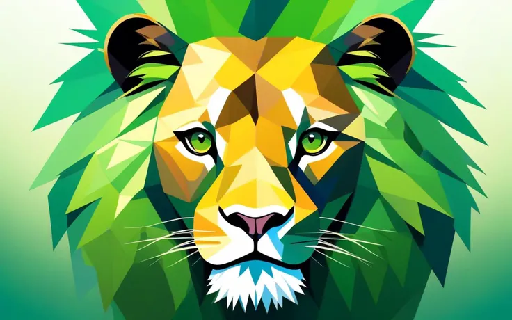 (polygonal vector artwork of a lion face, cubistic artwork:1.85), hdr, highly detailed masterpiece, shades of green, sharp edges, rule of thirds, golden ratio