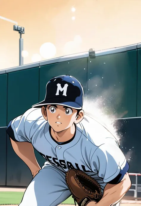 master piece,best quality,1boy,solo,solo focus,baseball uniform,white pants,pants,baseball cap,black hair,outdoor,belt,sketch,baseball studium,soaring dustcrowd,((head shot)),profile,bokeh,(look up:1.2),looking into the distance,nothing in hand,(spread hand),from side,dynamic angle,daylight,<lora:Adachi_XL:0.7>,motion lines,burr,shallow depth of field,holding the ball,putting on baseball glove,wearing glove,