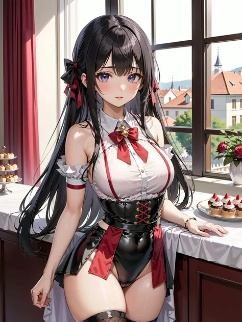 1girl,patissier uniform,decadent hotel daytime, , fortune teller garter belt , ,black hair, absurdly long hair, swept bangs bangs, ,slender hanging boob, ,close to viewer,