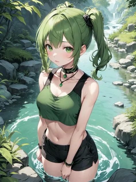 1girl, solo, green, black, very short, low twintails hair, hair, tank top cropped pants choker , fantasy rivers daytime,,whole body