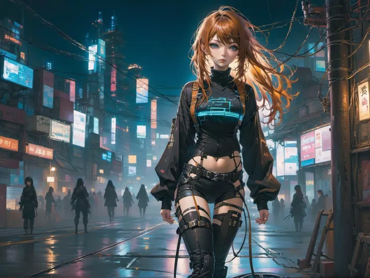 young women, butterscotch hair, long hair, asymmetrical hair, bangs, long-sleeved shirt cropped pants garter straps , cyberpunk power lines evening,