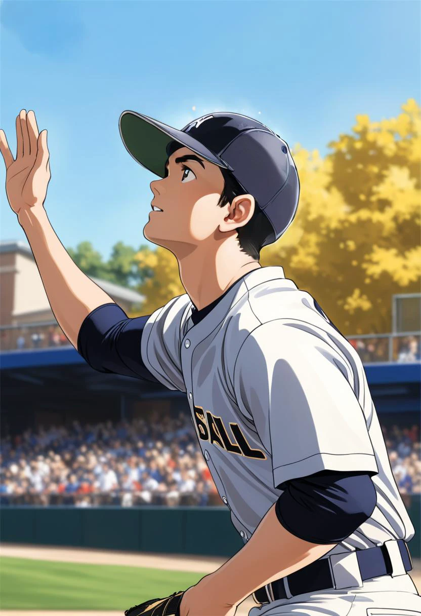 master piece,best quality,1boy,solo,solo focus,baseball uniform,white pants,pants,baseball cap,black hair,outdoor,belt,baseball bat,(bat flip:1.6),pencil drawing,baseball studium,soaring dustcrowd,((head shot)),profile,bokeh,(look up:1.4),looking into the distance,nothing in hand,baseball bat flying in the air,(spread hand),from side,dynamic angle,daylight,throw the bat at viewer,(extend arm and open hand:1.5),<lora:Adachi_XL:0.7>,motion lines,burr,packed auditorium,Baseball Glove,