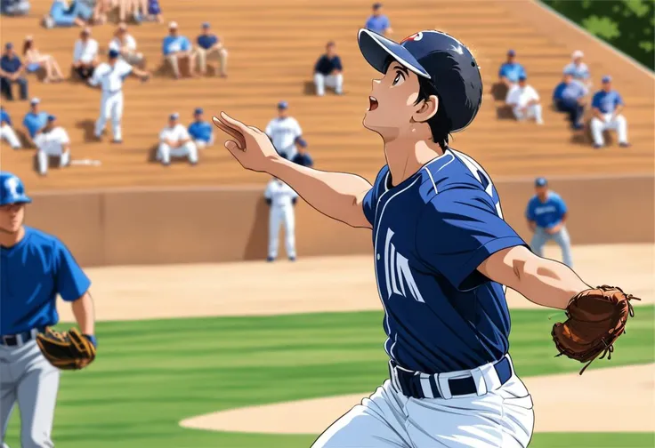 master piece,best quality,1boy,solo,solo focus,baseball uniform,white pants,pants,baseball cap,black hair,outdoor,belt,sketch,baseball studium,soaring dustcrowd,((head shot)),bokeh,(look up:1.2),looking into the distance,nothing in hand,(spread hand),from side,dynamic angle,daylight,<lora:Adachi_XL:0.8>,motion lines,burr,shallow depth of field,Drop the ball from hand,open mouth,baseball glove,