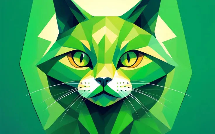 (polygonal vector artwork of a cat face, cubistic artwork:1.85), hdr, highly detailed masterpiece, shades of green, sharp edges, rule of thirds, golden ratio