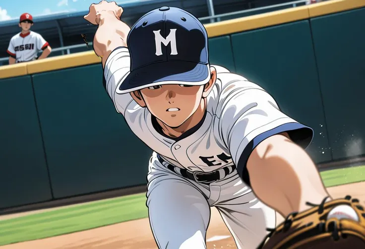 master piece,best quality,1boy,solo,solo focus,baseball uniform,white pants,pants,baseball cap,black hair,outdoor,belt,sketch,baseball studium,soaring dustcrowd,((head shot)),profile,bokeh,(look up:1.2),looking into the distance,nothing in hand,(spread hand),from side,dynamic angle,daylight,<lora:Adachi_XL:0.7>,motion lines,burr,shallow depth of field,holding (open palm),