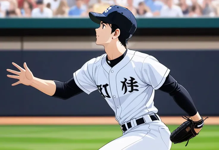 master piece,best quality,1boy,solo,solo focus,baseball uniform,white pants,pants,baseball cap,black hair,outdoor,belt,sketch,baseball studium,soaring dustcrowd,((head shot)),profile,bokeh,(look up:1.2),looking into the distance,nothing in hand,(spread hand),from side,dynamic angle,daylight,<lora:Adachi_XL:0.7>,motion lines,burr,shallow depth of field,