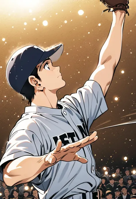 master piece,best quality,1boy,solo,solo focus,baseball uniform,white pants,pants,baseball cap,black hair,outdoor,belt,baseball bat,(bat flip:1.6),pencil drawing,baseball studium,soaring dustcrowd,((head shot)),profile,bokeh,(look up:1.4),looking into the distance,nothing in hand,baseball bat flying in the air,(spread hand),from side,dynamic angle,daylight,throw the bat at viewer,(extend arm and open hand:1.5),<lora:Adachi_XL:0.7>,motion lines,burr,packed auditorium,Baseball Glove,