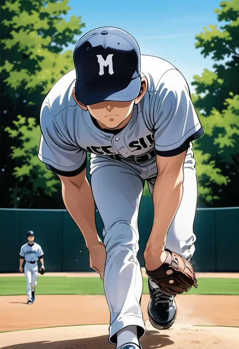 master piece,best quality,1boy,solo,solo focus,baseball uniform,white pants,pants,baseball cap,black hair,outdoor,belt,sketch,baseball studium,soaring dustcrowd,((head shot)),profile,bokeh,(look up:1.2),looking into the distance,nothing in hand,(spread hand),from side,dynamic angle,daylight,<lora:Adachi_XL:0.7>,motion lines,burr,shallow depth of field,holding the ball,putting on baseball glove,wearing glove,