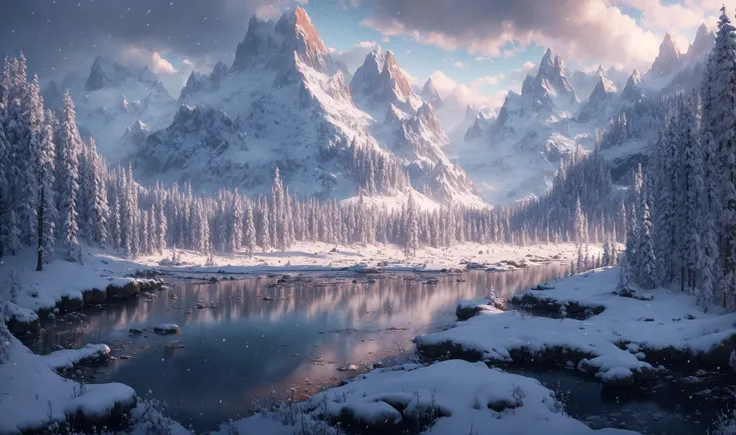 masterpiece, best quality, high quality, extremely detailed CG unity 8k wallpaper, scenery, outdoors,flower, cloud, day, no humans, mountain, landscape, water, tree, snowing, waterfall, cliff, nature, lake, river, snowflakes,award winning photography, Bokeh, Depth of Field, HDR, bloom, Chromatic Aberration ,Photorealistic,extremely detailed, trending on artstation, trending on CGsociety, Intricate, High Detail, dramatic, art by midjourney, <lora:environmentart:0.7>