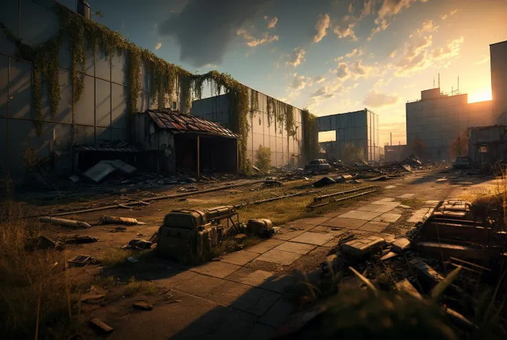 realistic, vray, HDR, 6000K, berlin city, inside factory, overgrown, post apocalypse feeling, sunset, <lora:enviromentv02-000010:0.8>