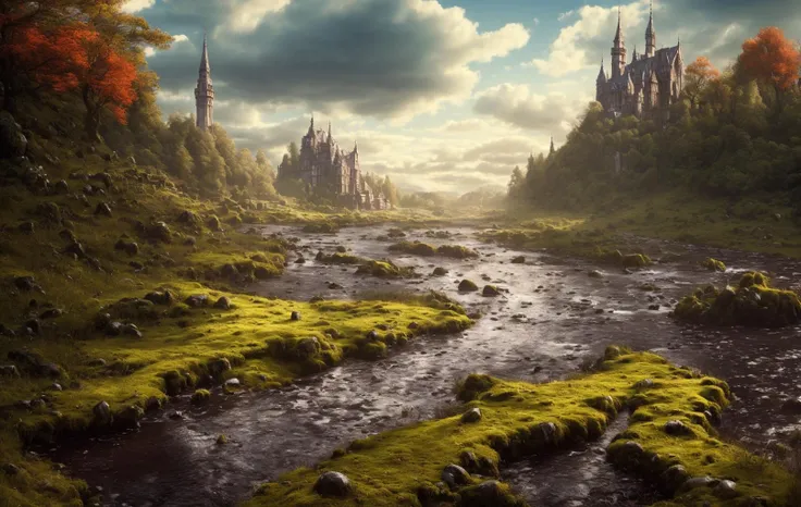 (((best quality))),single build,architecture, blue_sky, building,cloudy_sky, day, fantasy, fence, field, house, build,architecture,landscape, moss, outdoors, overgrown, path, river, road, rock, scenery, sky, sword, tower, tree, waterfall,   <lora:environmentart-000012:0.8>