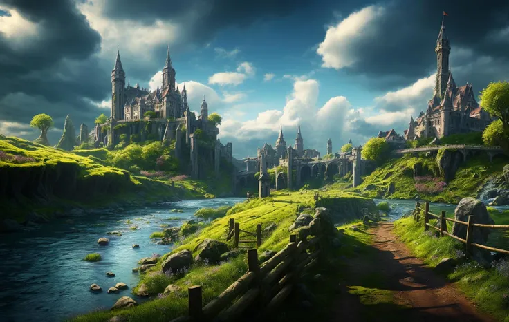 (((best quality))),single build,architecture, blue_sky, building,cloudy_sky, day, fantasy, fence, field, house, build,architecture,landscape, moss, outdoors, overgrown, path, river, road, rock, scenery, sky, sword, tower, tree, waterfall,  <lora:enviromentv02-000014:0.8>