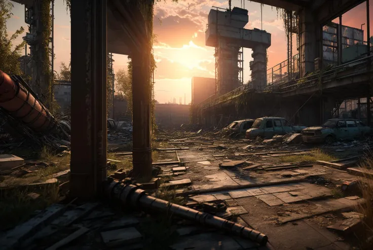 realistic, vray, HDR, 6000K, berlin city, inside factory, overgrown, post apocalypse feeling, sunset, huge penis,   <lora:enviromentv02-000010:0.7>