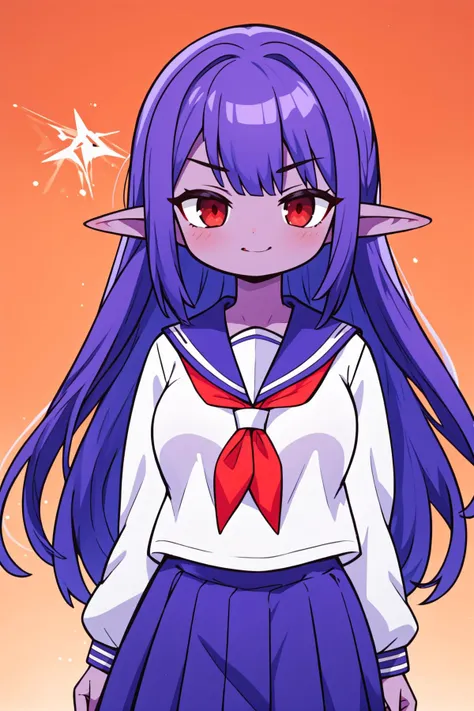 1girl, solo, <lora:PulenKompot-Keylana:1>, quar'valsharess-d'kyuvrem, pointy ears, dark elf, long hair, colored skin, elf, purple hair, red eyes, purple skin, small breasts, smirk, school uniform, serafuku, sailor collar, neckerchief, arms at sides