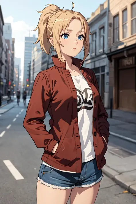 masterpiece, best quality, absurdres, perfect anatomy, 1girl, solo, ponytail, long hair, blonde hair, blue eyes, t-shirt, denim shorts, standing, outdoors, city, hands in pockets, <lora:chara_MushokuTensei_ZenithGreyrat_v1:0.8>