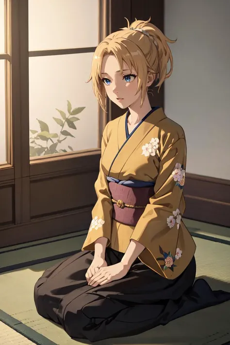 masterpiece, best quality, absurdres, perfect anatomy, 1girl, solo, ponytail, long hair, blonde hair, blue eyes, indoors, kimono, hair flower, floral print, wariza, sitting, hands on own knees, <lora:chara_MushokuTensei_ZenithGreyrat_v1:0.8>