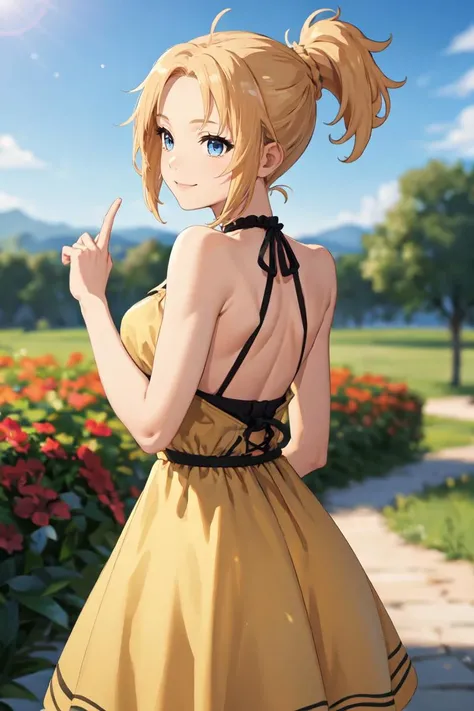 masterpiece, best quality, absurdres, perfect anatomy, 1girl, solo, ponytail, long hair, blonde hair, blue eyes, from behind, (yellow sundress), garden, day, sunshine, smile, looking back, <lora:chara_MushokuTensei_ZenithGreyrat_v1:0.8>