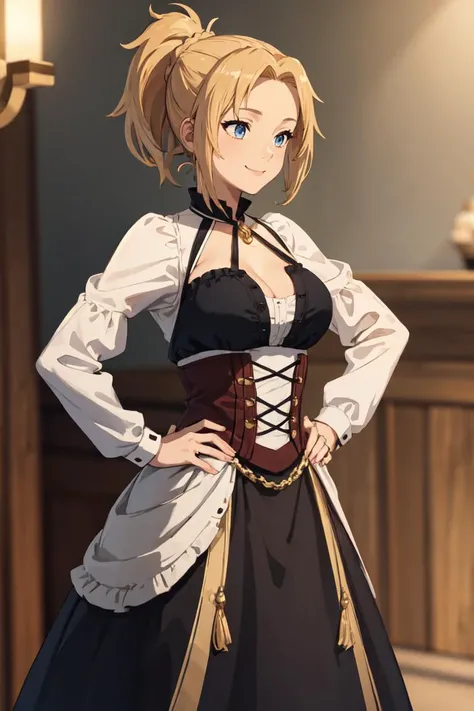 masterpiece, best quality, absurdres, perfect anatomy, 1girl, solo, ponytail, long hair, blonde hair, blue eyes, elegant, long dress, black dress, halterneck, smile, indoors, palace, jewelry, standing, hands on hips, <lora:chara_MushokuTensei_ZenithGreyrat_v1:0.8>