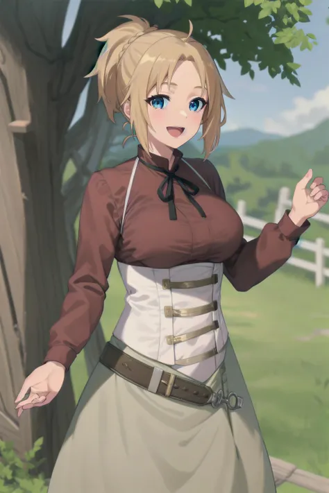 best quality, (masterpiece:1.2), detailed,
<lora:chara_MushokuTensei_ZenithGreyrat_v1:0.8>,
1girl, solo, mature, open mouth, smile,
ponytail, long hair, blonde hair, blue eyes,
red shirt, long sleeves, (white corset:1.2), grey skirt, belt,
looking at the viewer,
outdoors, tree, grass, wooden fence, leaf